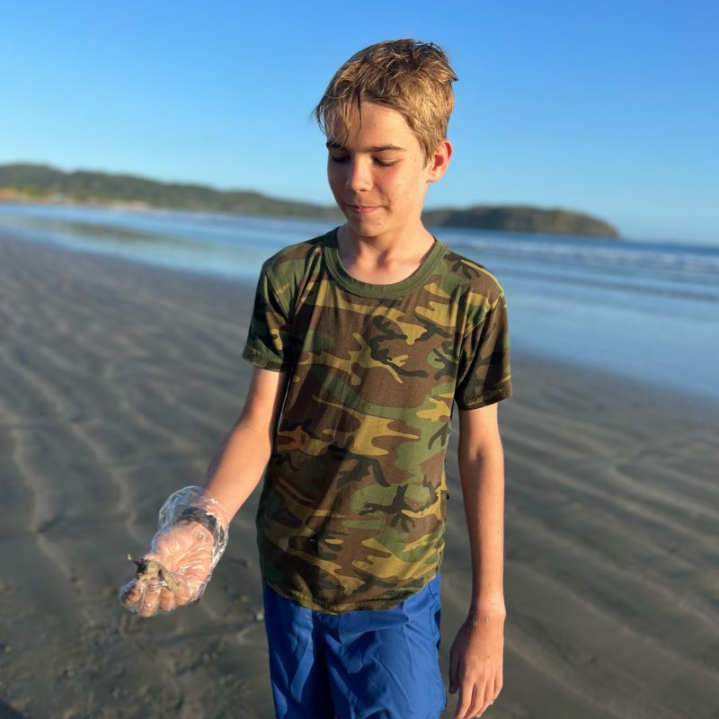 child with new born baby sea turtle, ready to release it.